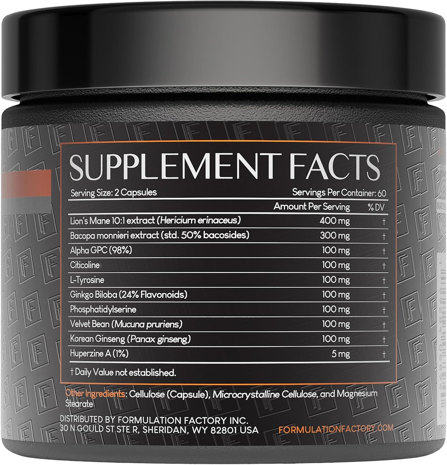 Formulation Factory BOSS Mode 10-in-1 Nootropic Complex with Lion's Mane, Alpha-GPC, Bacopa Monnieri, Ginkgo Biloba, Rhodiola & L-Tyrosine - 120 Capsules