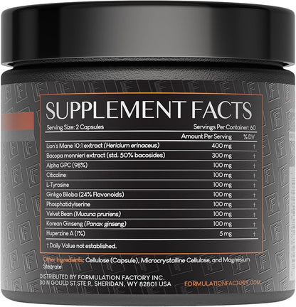 Formulation Factory BOSS Mode 10-in-1 Nootropic Complex with Lion's Mane, Alpha-GPC, Bacopa Monnieri, Ginkgo Biloba, Rhodiola & L-Tyrosine - 120 Capsules