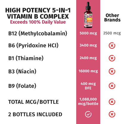 NUSAVA (2 Pack) Vitamin B12 Liquid Drops with B6, B1, Niacin & Folate — B12 Sublingual Vitamin B Complex, Methylcobalamin 5000 mcg, for Energy, Brain & Heart Support, Raspberry Flavor, 80 Servings