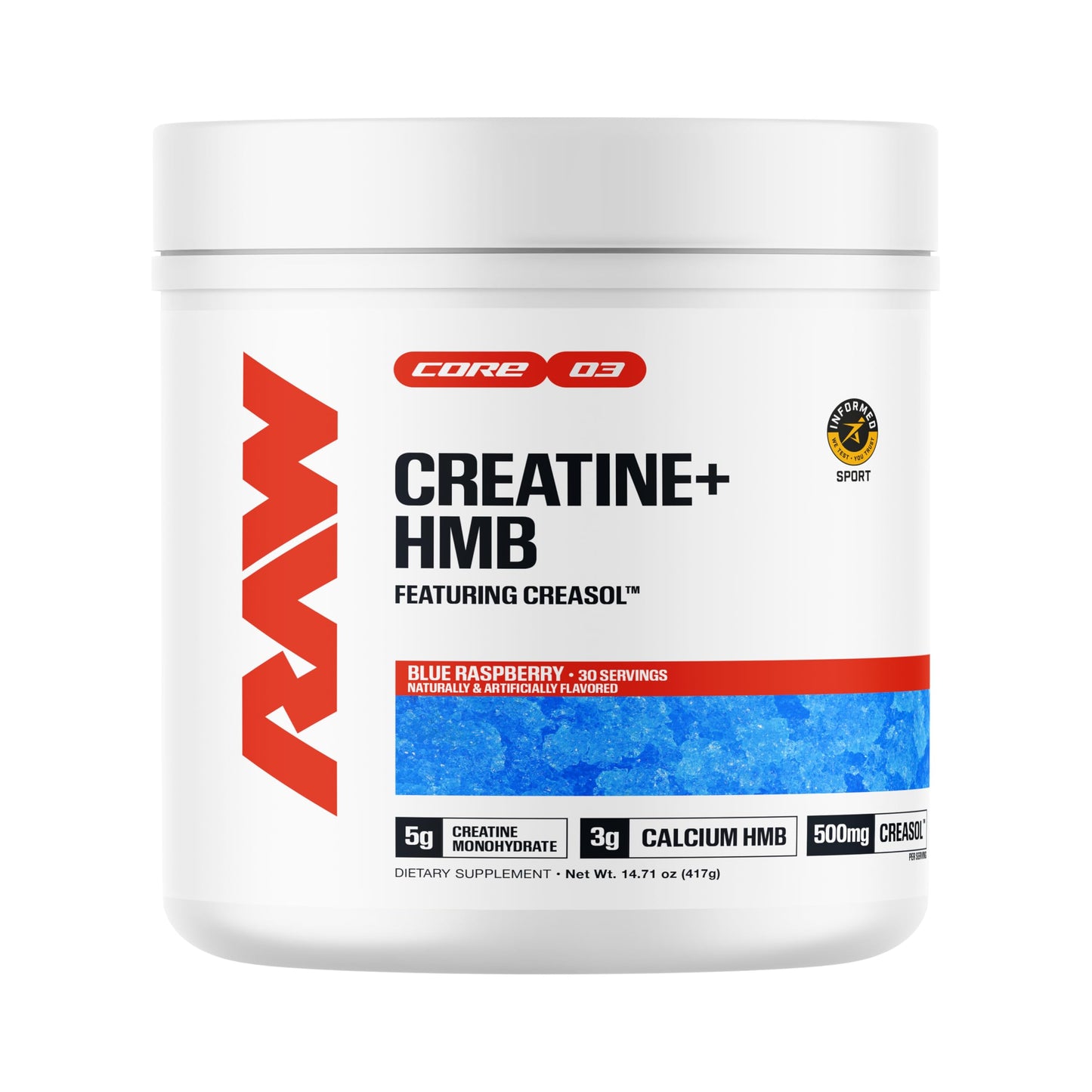 RAW Creatine Plus HMB, Champion Mentality, Creatine HMB Powder - Creatine Monohydrate Powder with 3G HMB, Taurine & No Added Sugar, Muscle Mass Growth, Strength Building & Enhanced Energy, 30 Servings