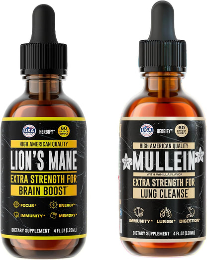 HERBIFY Bundle - Lions Mane & Mullein Vanilla 4 Fl Oz Drops - Supplement for Memory, Focus & Clarity & Immune Support, Lung Cleanse and Bronchial Support