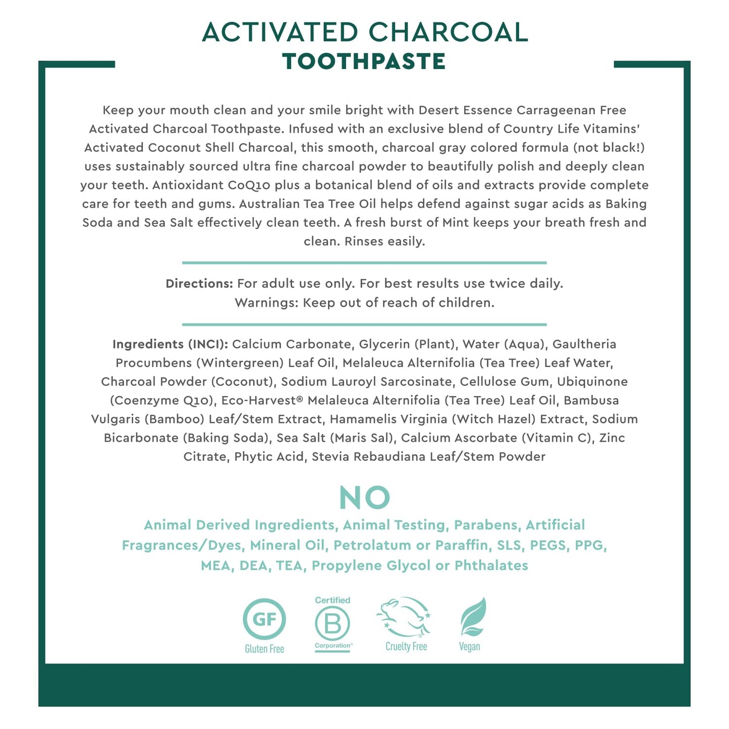 Desert Essence Activated Charcoal Toothpaste - Fluoride and Carrageenan Free - Brighter Teeth and Fresher Breath with Activated Coconut Shell Charcoal, Baking Soda, and Fresh Mint - 6.25 oz