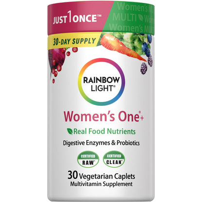 Rainbow Light Womens Multivitamin One + | 150 Caplets | Supports Cellular Energy & Antioxidant Health | Real Food Nutrients, Digestive Enzymes & Probiotics | with Vitamins C, D, and Zinc