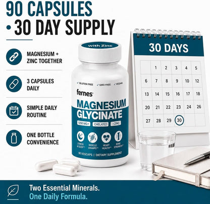 Magnesium Glycinate with Zinc - 275mg Elemental Magnesium + 8mg Zinc for Active Adults, Athletes & Anyone Under Stress Who Need Better Sleep, Muscle Recovery and Immune Support, 90 Capsules