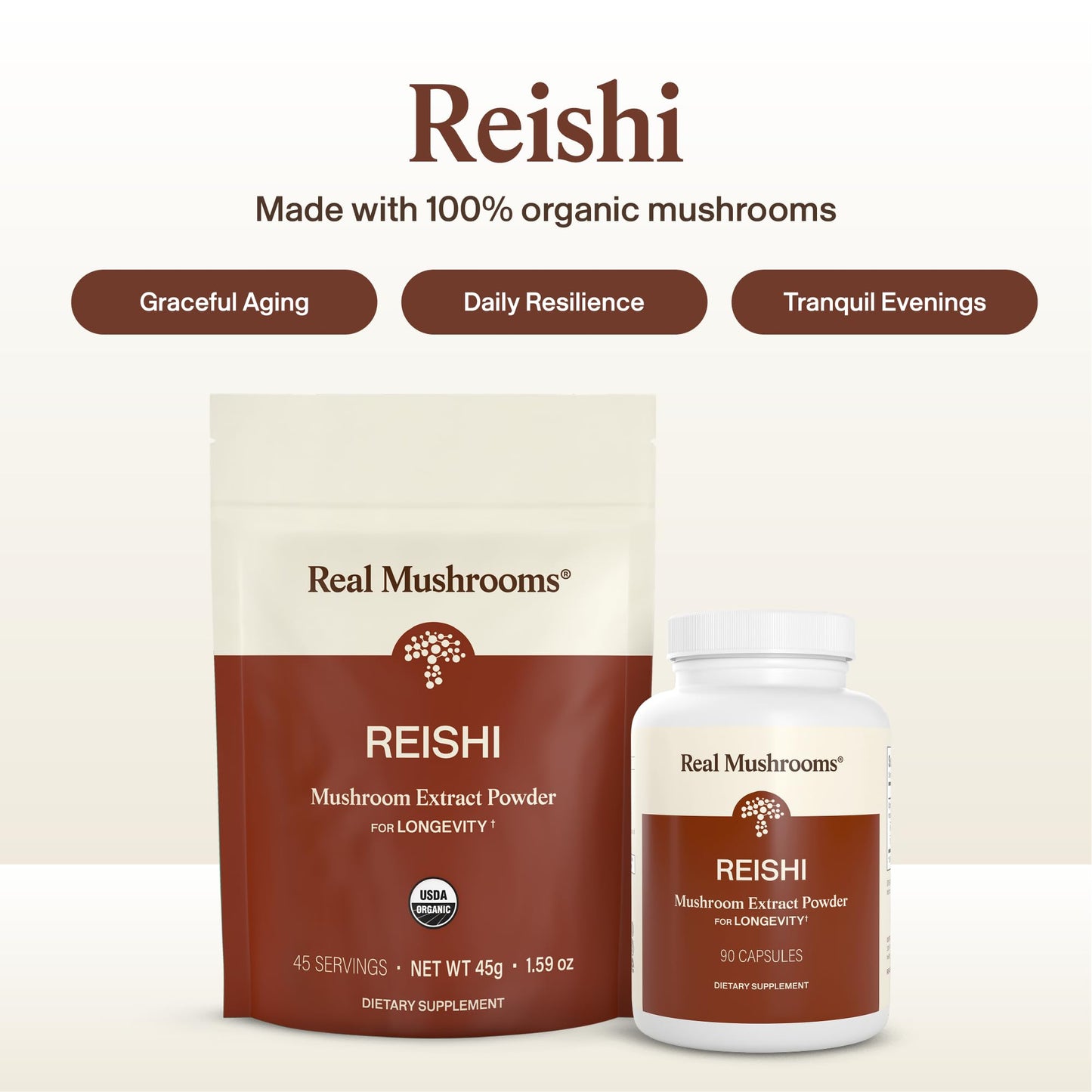 Real Mushrooms Reishi Mushroom Capsules - Handpicked Organic Mushroom Extracts - Red Reishi for Tranquil Daily Wellness with Verified Beta Glucans Vegan, Non-GMO, No Grain Fillers, 90 ct