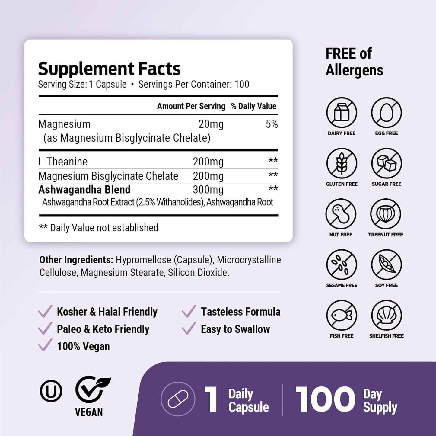 ForestLeaf L Theanine Supplement - L-Theanine 200mg with Ashwagandha and Magnesium for Focus, Stress Relief & Relaxation - Non-GMO & Gluten Free - 100 Caps