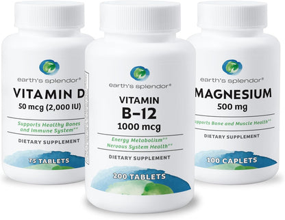 Earth's Splendor Energy & Health: Vitamin B12 (200 Tablets), Magnesium for Bone & Muscle Support (100 Caplets), Vitamin D3 2,000 IU (75 Capsules) – No Artificial Additives, Gluten & Wheat Free