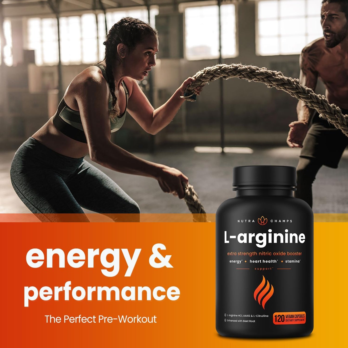 NutraChamps L-Arginine Supplement 1000mg + L-Citrulline 250mg & Beet Root – Nitric Oxide Booster for Heart Health, Energy & Stamina – Extra Strength Amino Acid Complex – 120 Vegan Capsules
