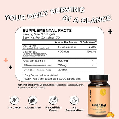 Future Kind 3 in 1 Daily Multivitamin - for Energy, Clarity, Active Wellness Support with B12, D3, and Algal Omega-3 - Essential Vegan Multivitamin for Women & Men - Tiny Citrus Softgels (60 Count)