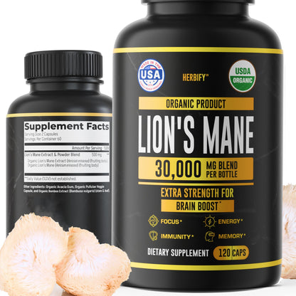 HERBIFY Lions Mane Supplement - Daily Mushroom Supplement for Memory, Focus & Clarity - Brain Booster - Lions Mane Tincture for Immune Support - 4 Fl oz