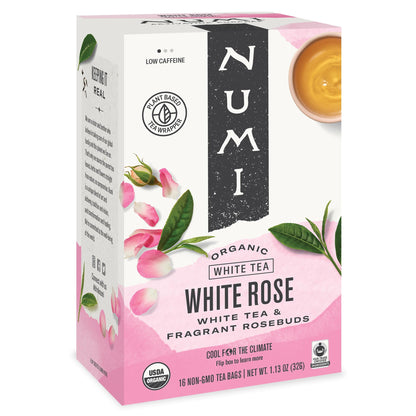 Numi Organic White Rose Tea, 16 Tea Bags, White Tea & Fragrant Rosebuds, Low Caffeine