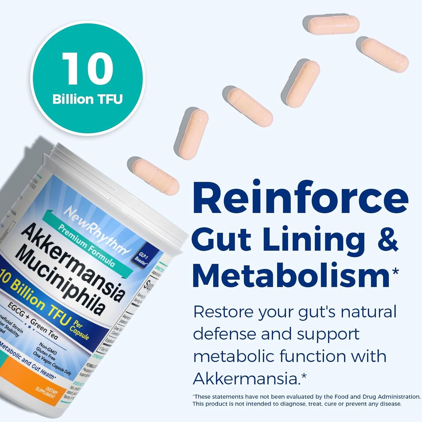 NewRhythm Akkermansia Muciniphila Probiotic, 10 Billion TFU, Pasteurized, Maximum Stability, Green Tea Leaf EGCG, GLP-1 Production, Metabolic Health, Gut, Immunity, for Women & Men, 60 Caps