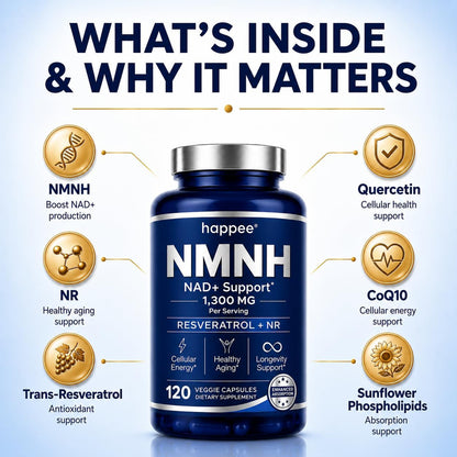 Happee Liposomal NMNH Supplement 1300mg (NMN Alternative) NAD+ | 120 Caps | 6-in-1 NAD+ Formula | Reduced Nicotinamide Mononucleotide (NMNH), Resveratrol, NR, CoQ10 | Cellular Energy & Healthy Aging