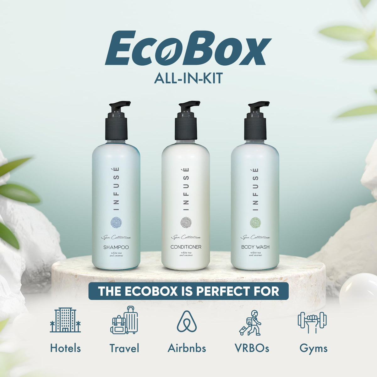 1-Shoppe Aquavera 15 Piece Ecobox All-In-Kit | White Tea and Coconut Soap | 6 Shampoo