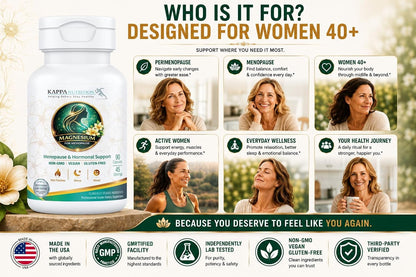Kappa Nutrition® Magnesium for Menopause | Menopause & Hormonal Support for Women 40+ | Albion® Magnesium Biocomplex | Supports Calm, Sleep & Muscle Relaxation | Vegan | 90 Capsules (45 Servings)