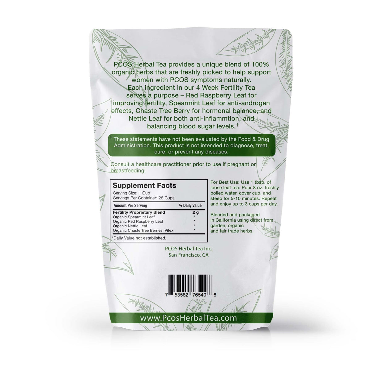 PCOS Cystem Tea with Organic Red Raspberry Leaf, Vitex, Spearmint Tea Supports Fertility