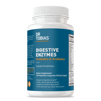 Dr. Tobias Digestive Enzymes + Prebiotics & Probiotics 60 Capsules | Digestion & Gut Support | Enzymes + Prebiotics + Probiotics + Postbiotics | Bromelain, Amylase & Lipase | 30 Servings