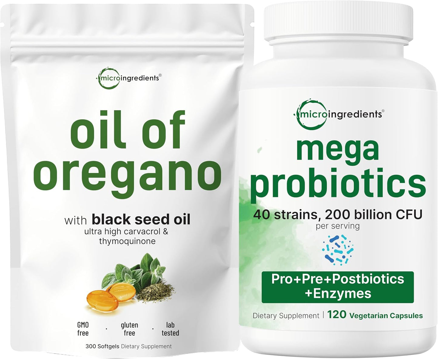 Micro Ingredients Oil of Oregano Softgels & Mega Probiotics 200 Billion CFU Veggie Capsules | 2 Pack Bundle | 4X Strength Thymoquinone + Black Seed | 40 Strains + Inulin, Acacia,& Bromelain