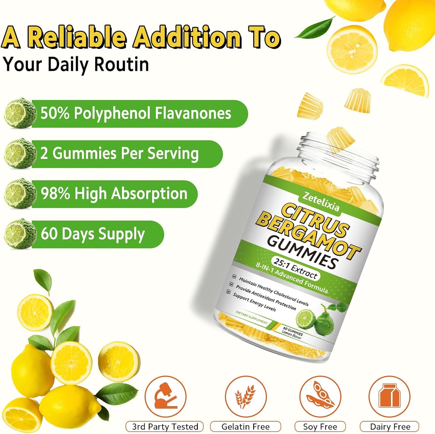 2 Pack Citrus Bergamot Gummies, Citrus Bergamot Supplement for High Cholesterol, Cholesterol Lowering Supplement for Heart, Immune System & Healthy Aging Support, Sugar Free, Lemon Flavor, 120 Cts