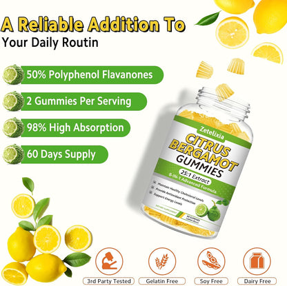 2 Pack Citrus Bergamot Gummies, Citrus Bergamot Supplement for High Cholesterol, Cholesterol Lowering Supplement for Heart, Immune System & Healthy Aging Support, Sugar Free, Lemon Flavor, 120 Cts