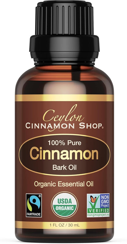 Organic Ceylon Cinnamon Bark Essential Oil, Food Grade - 1 Oz (30mL) | Premium Grade True Cinnamon Oil, Sri Lankan Variety, Cinnamomum Verum, All-Natural, Non-GMO, Gluten Free, Made in USA (GMP)