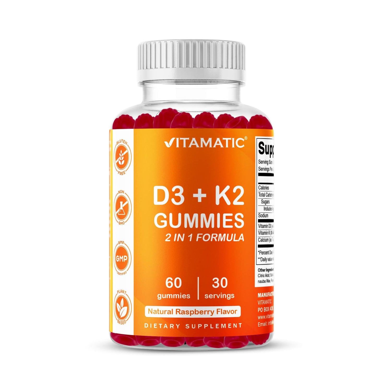 Vitamatic Vitamin D3 + K2 Gummies 60 Count - 2 Pack | D-3 5000 IU + Vitamin K 140mcg for Bone Heart & Immune Support, Pectin-Based, Non-GMO, Gluten-Free