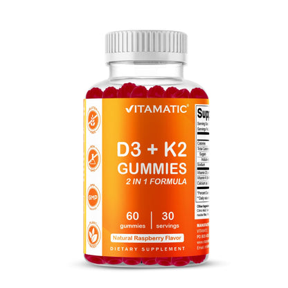 Vitamatic Vitamin D3 + K2 Gummies 60 Count - 2 Pack | D-3 5000 IU + Vitamin K 140mcg for Bone Heart & Immune Support, Pectin-Based, Non-GMO, Gluten-Free