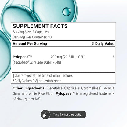 Supersmart H. Pylori Formula 20 Billion CFU per Day - Natural Probiotic Lactobacillus Reuteri DSM 17648 Supplement | Non-GMO & Gluten Free - 60 Vegetarian Capsules