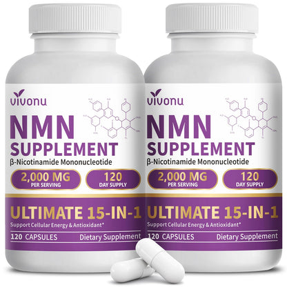 15-in-1 Liposomal NMN Supplement, 2000mg per* Serving*, 120 Day Supply, 99% Pure, NAD+ NMNH Alternative with Nicotinamide Mononucleotide, Resveratrol, TMG, CoQ10, Quercetin & Glutathione, 120 Capsules