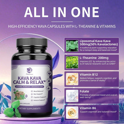 Liposomal Kava Kava Root Extract with L-Theanine, Calm & Sleep, 60 Capsules | 50% Kavalactones, 200mg L-Theanine, Vitamin B6 & B12 for Mood & Cognitive Support