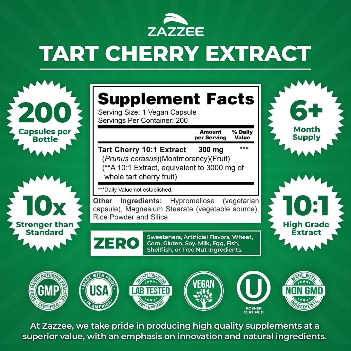 Zazzee Tart Cherry 10:1 Extract, 200 Vegan Capsules, 6+ Month Supply, Montmorency Cherry, Certified Kosher, Joint & Uric Acid Support, Antioxidant Support Formula, Non-GMO, Made in the USA
