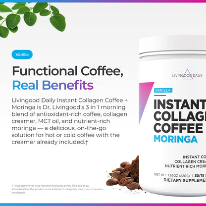 Livingood Daily Instant Collagen Coffee with Moringa, Vanilla - Instant Ground Coffee - Low Acid, Shade Grown & Made with Organic Coffee - Metabolism, Detox & Energy Boosting - 12 Oz