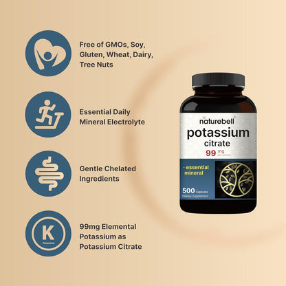 NatureBell Potassium Citrate 99mg, 500 Capsules - Chelated Mineral Supplements - Non-GMO, Gluten Free