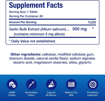 High Allicin Odorless Garlic Pills - Clinical Formula Allicin Supplement for Heart and Immune Support - Vegetarian Non-GMO & Made in The USA in cGMP Facilities - 60 Servings