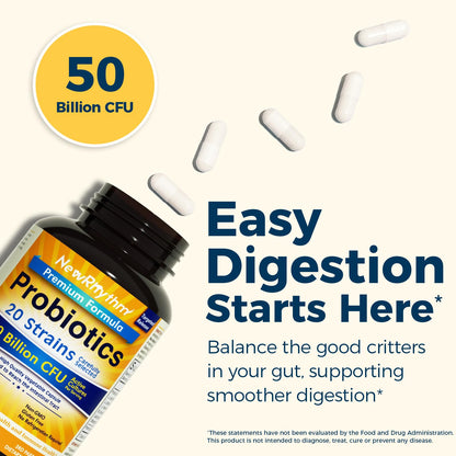 NewRhythm Probiotics 50 Billion CFU 20 Strains, 60 Veggie Capsules, Targeted Release Technology, Stomach Acid Resistant, No Need for Refrigeration, Non-GMO, Gluten Free