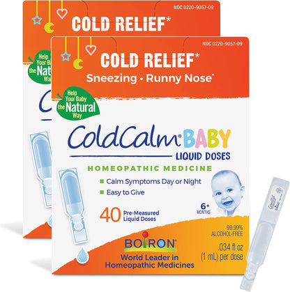 Boiron ColdCalm Baby 40 Count - Single-Use Drops for Relief from Cold Symptoms of Sneezing, Runny Nose, and Nasal Congestion - Sterile, Non-Drowsy Calm (8 Packets with 5 Liquid Doses)