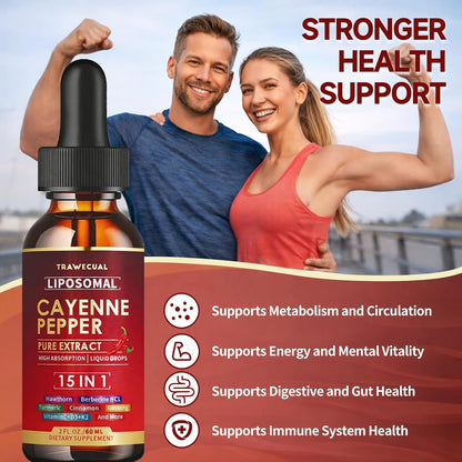 15 in1 Liposomal Cayenne Pepper Liquid Drops Supplement, with Vitamin D3 K2, Hawthorn, Berberine HCL, Beet Root, Turmeric, Cinnamon, Digestion, Circulatory Heath Support- 2 Fl Oz for 30 Days