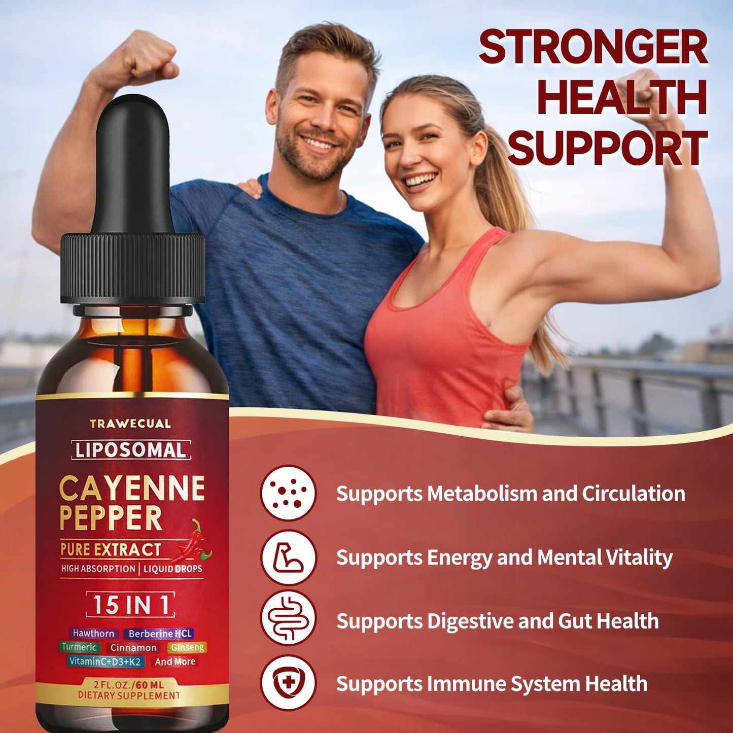 15 in1 Liposomal Cayenne Pepper Liquid Drops Supplement, with Vitamin D3 K2, Hawthorn, Berberine HCL, Beet Root, Turmeric, Cinnamon, Digestion, Circulatory Heath Support- 2 Fl Oz for 30 Days