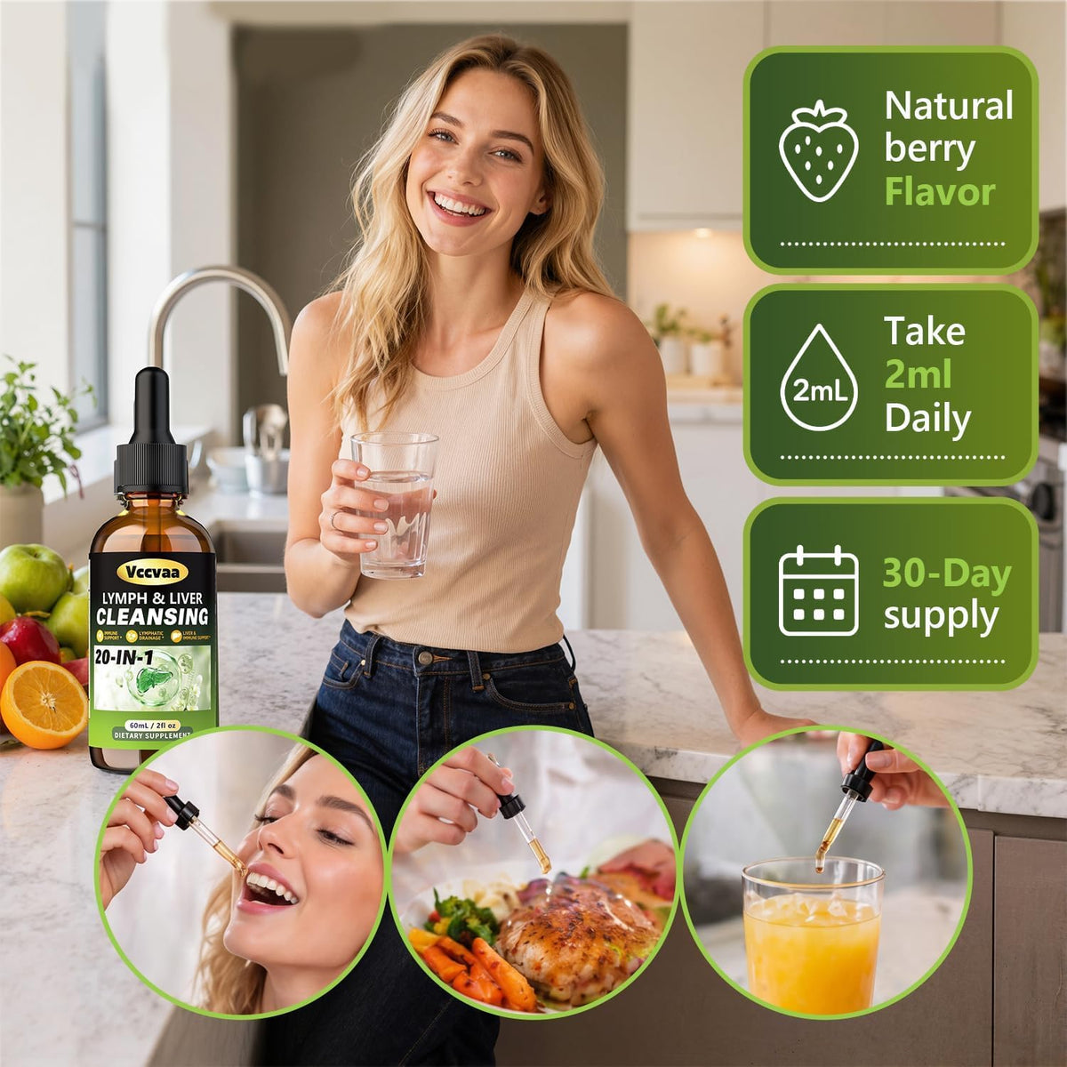 20-in-1 Liposomal Lymphatic Drainage Drops & Liver Cleanse Detox - Fast-Absorbing Lymphatic Support Liquid Drops with Milk Thistle, Dandelion, Burdock & Fucoxanthin, Raspberry, 2 Fl Oz