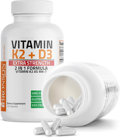 Bronson Vitamin K2 D3 (MK7) Extra Strength D3 & K2 Complex, 120 Capsules | Bone, Immune & Heart Health Support, Gluten Free, Soy Free, Non-GMO, Vitamin D3 10,000IU (250 mcg) & 120 mcg K2 MK-7