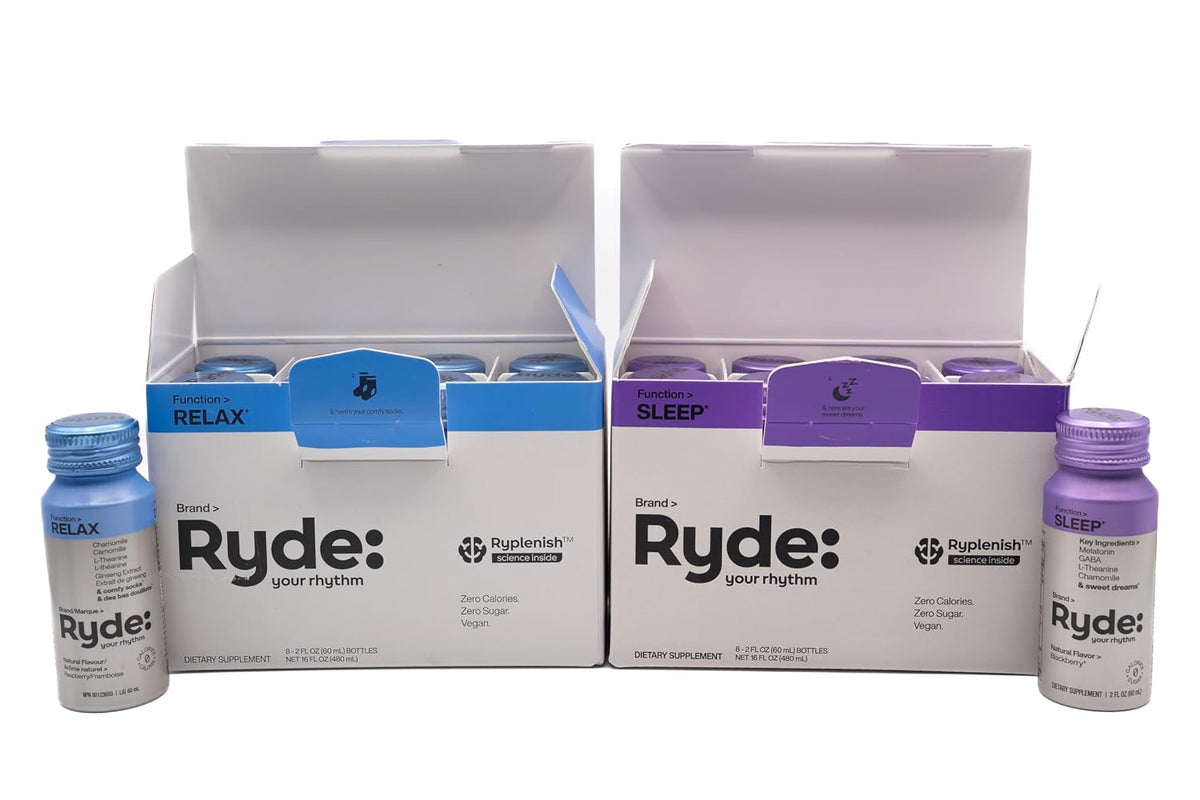 Ryde Shots, Relax + Sleep, Melatonin, GABA, L-Theanine & Chamomile, Zero Calories, Zero Sugar, Pack of 16