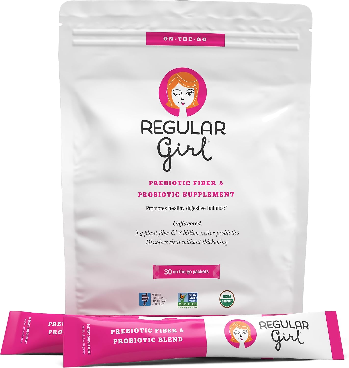Regular Girl Organic Powder, Prebiotic Fiber Supplement and Probiotics for Women, Low FODMAP, 30 On-The-Go Packets, Unflavored, 30 Serving Packets