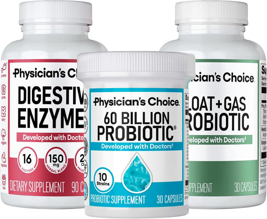Physician's CHOICE Gut Value Bundle: 60 Billion Probiotic 30ct + Bloat & Gas Probiotic 30ct + Digestive Enzymes 90ct