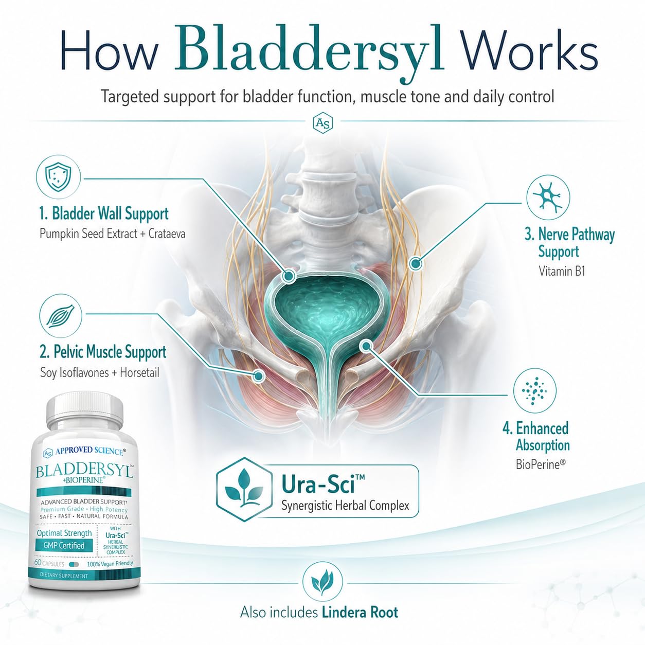 Approved Science Bladdersyl - Urinary Incontinence, Bladder Support - High Absorption - 60 Capsules - Pack of 1 - Vegan