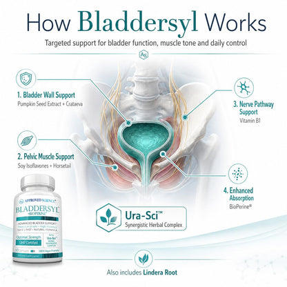 Approved Science Bladdersyl - Urinary Incontinence, Bladder Support - High Absorption - 60 Capsules - Pack of 1 - Vegan