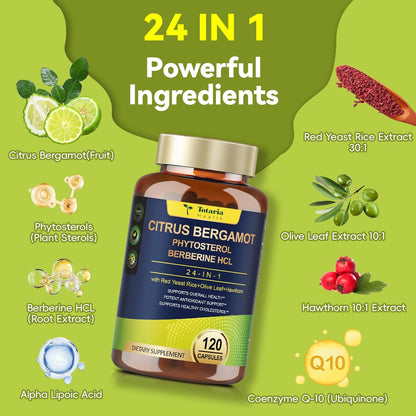 Citrus Bergamot Supplement for High Cholesterol - Italian Citrus Bergamot & Plant Sterols Stanols Natural Way to Balance Cholesterol Level, Vegan, Non-GMO, 120 Counts