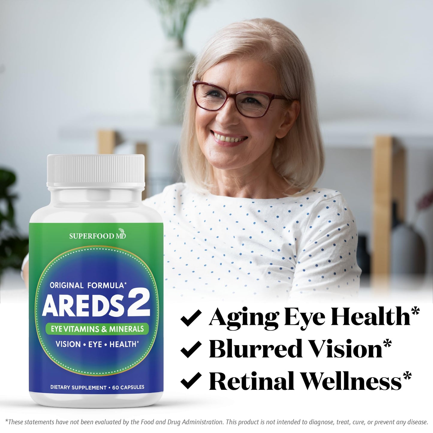 AREDS 2 Eye Vitamin & Mineral Supplement, Contains Lutein, Vitamin C, Zeaxanthin, Zinc & Vitamin E, with Added Copper - 60 Count