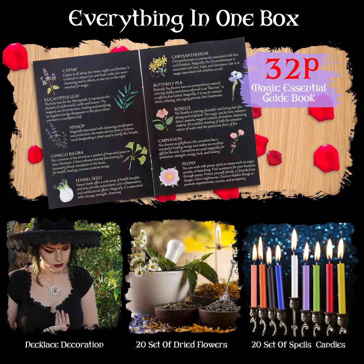 SHYSHINY Witchcraft Supplies Kit for Wiccan Spells, 95 Pack of 7 Chakra Stones, Crystals, Dried Herbs