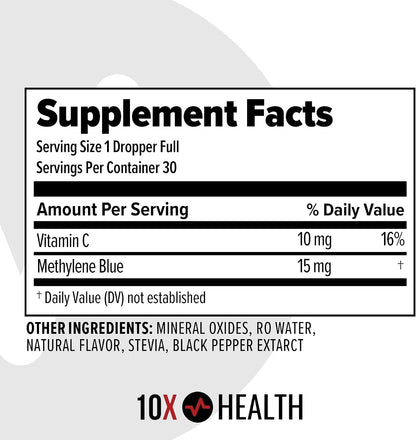10X Health Methylene Blue Drops - 30ml Drops | Focus Support Supplement: With Black Pepper Extract, Energy Support, Vegan, Non-GMO, 30ml
