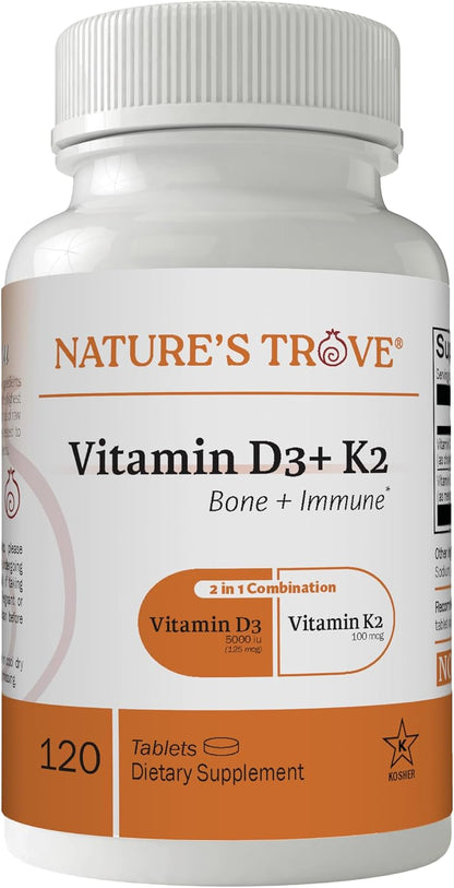 Nature's Trove Vitamin D3 5000 IU Plus K2 100mcg for Bone Health & Immune Support - 120 Tablets - 2-in-1 Formula